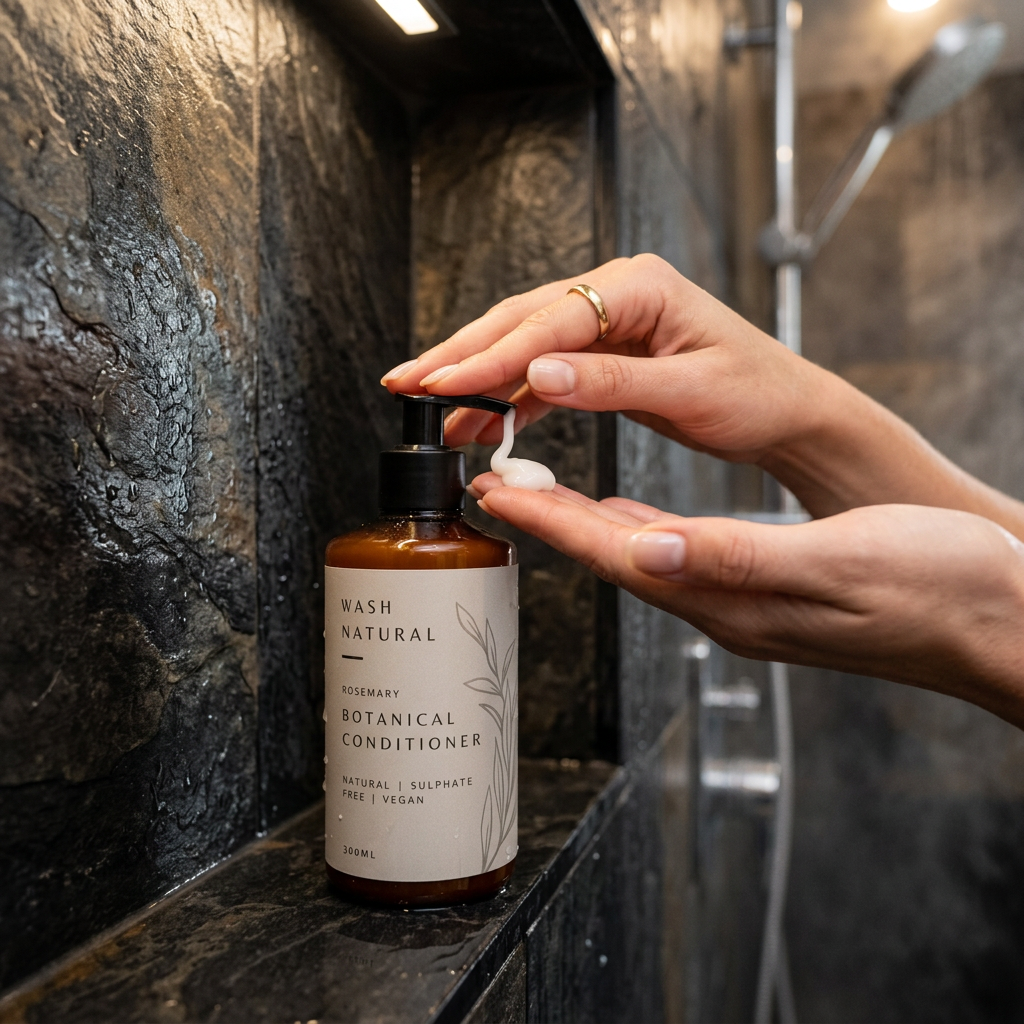 Botanical conditioner bottle in a shower
