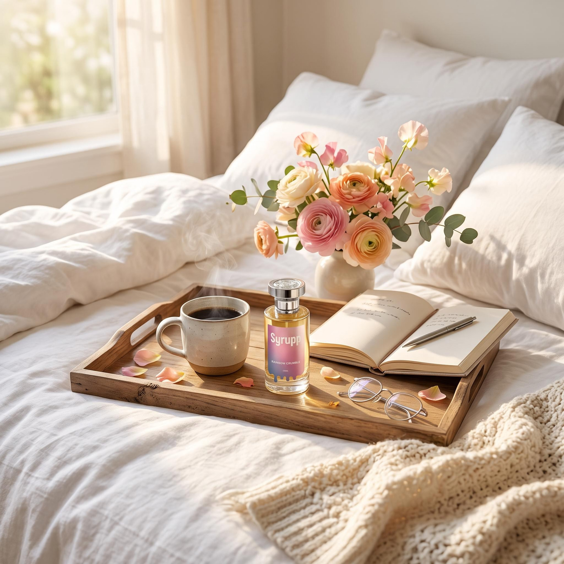 Perfume bottle styled on a breakfast tray