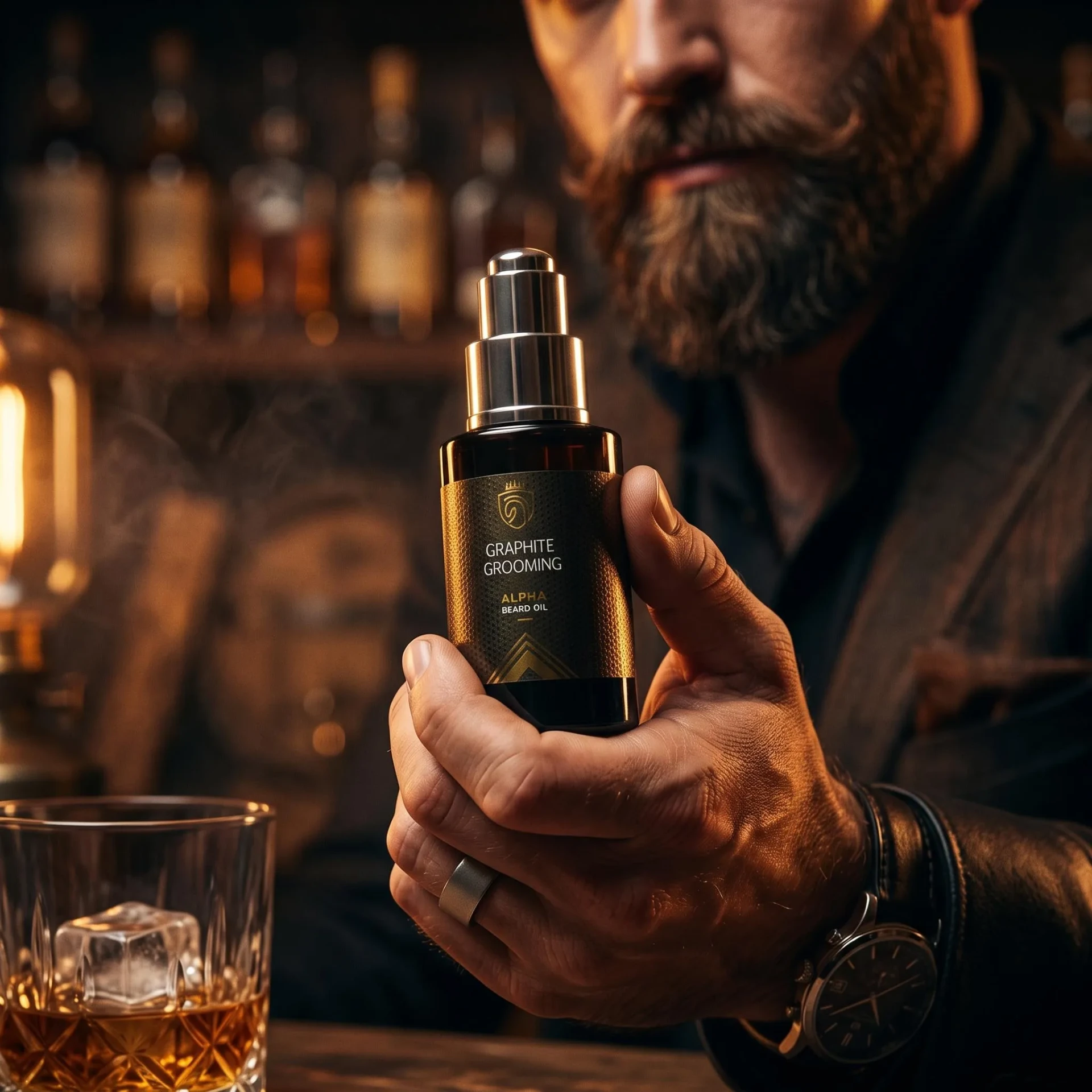 Man holding a beard oil bottle in a bar setting