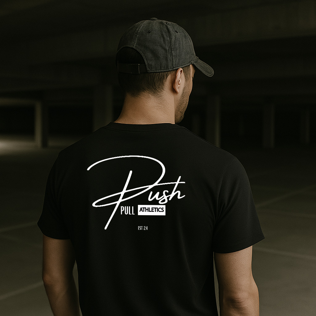 Back of a black athletics t-shirt worn by a model